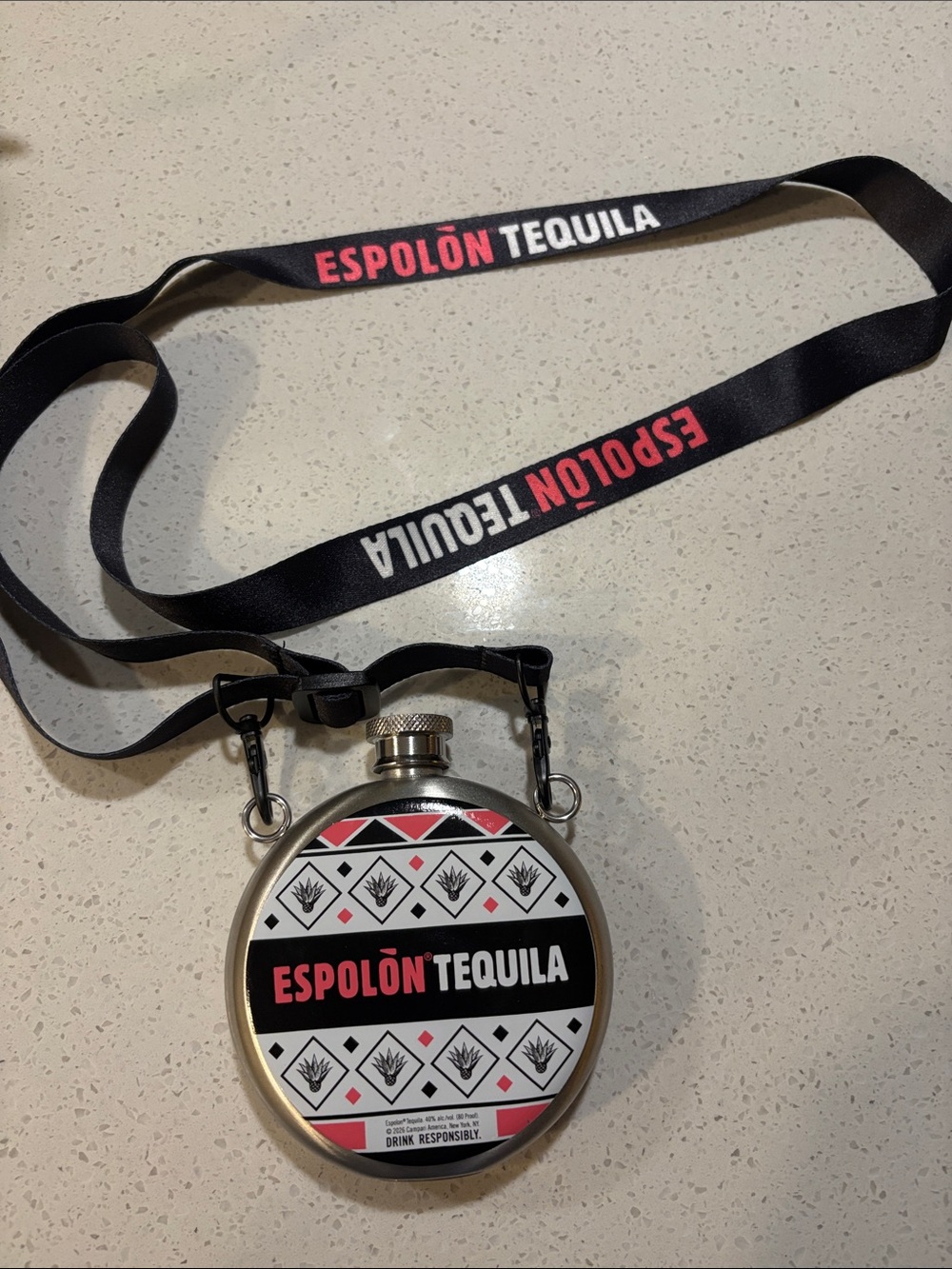 Espolon Tequila Flask Black and White Branded Flask with Lanyard